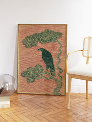 Eagle wall art illustration of a majestic bird perched on a pine tree branch against a red textured background in woodcut style. - Image 2