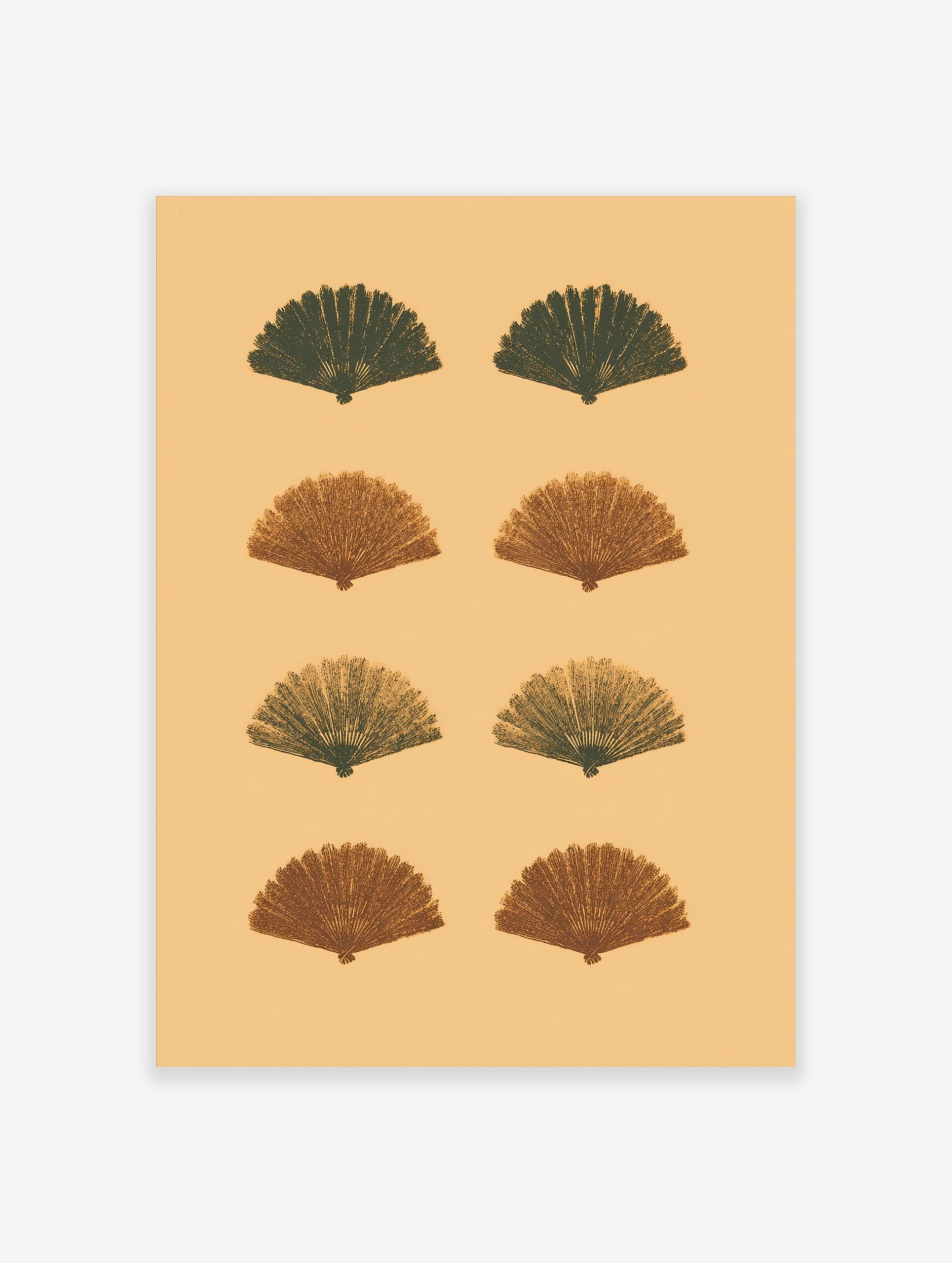 Eight stylized fan shapes in dark green and reddish-brown on a light beige background, arranged in a grid