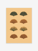 Eight stylized fan shapes in dark green and reddish-brown on a light beige background, arranged in a grid