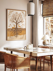 Earthy illustration of a tree with exposed roots, a resting deer, and a standing deer, framed by, in a styled room mockup
