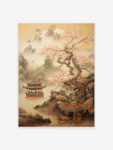 East Asian landscape poster with cherry blossom tree, red pagoda on water, misty mountains, and flying birds in traditional art style.