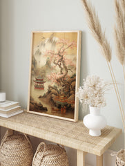 East Asian landscape poster with cherry blossom tree, red pagoda on water, misty mountains, and flying birds in traditional art style. - Image 4