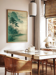 East Asian landscape wall art depicting misty green mountains, towering pine trees, and two figures walking on a path. - Image 2