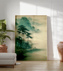 East Asian landscape wall art depicting misty green mountains, towering pine trees, and two figures walking on a path. - Image 3