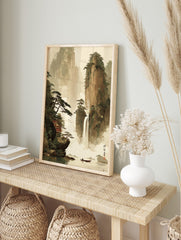 East Asian landscape art with tall mountains, waterfall, red temple, pine trees, and a person, in an alternate framed mockup