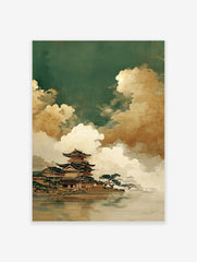 East Asian pagoda architecture by water with dramatic gold and white clouds in a traditional art style