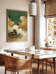 East Asian pagoda architecture by water with dramatic gold and white clouds in a traditional art, in a styled room mockup