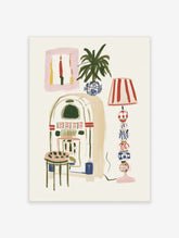 Colourful still life poster with palm plant, striped lamp, framed artwork, and patterned chair