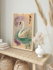 Elegant white swan with red beak swimming in water with ripples, Japanese text, and purple, in an alternate framed mockup