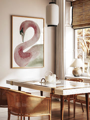 Elegant swan illustration art print with curved neck in reddish-brown and grey watercolour textures, in a styled room mockup
