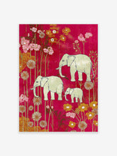 Illustrative elephant family (two adults, one calf) amidst pink and gold flowers on a magenta background