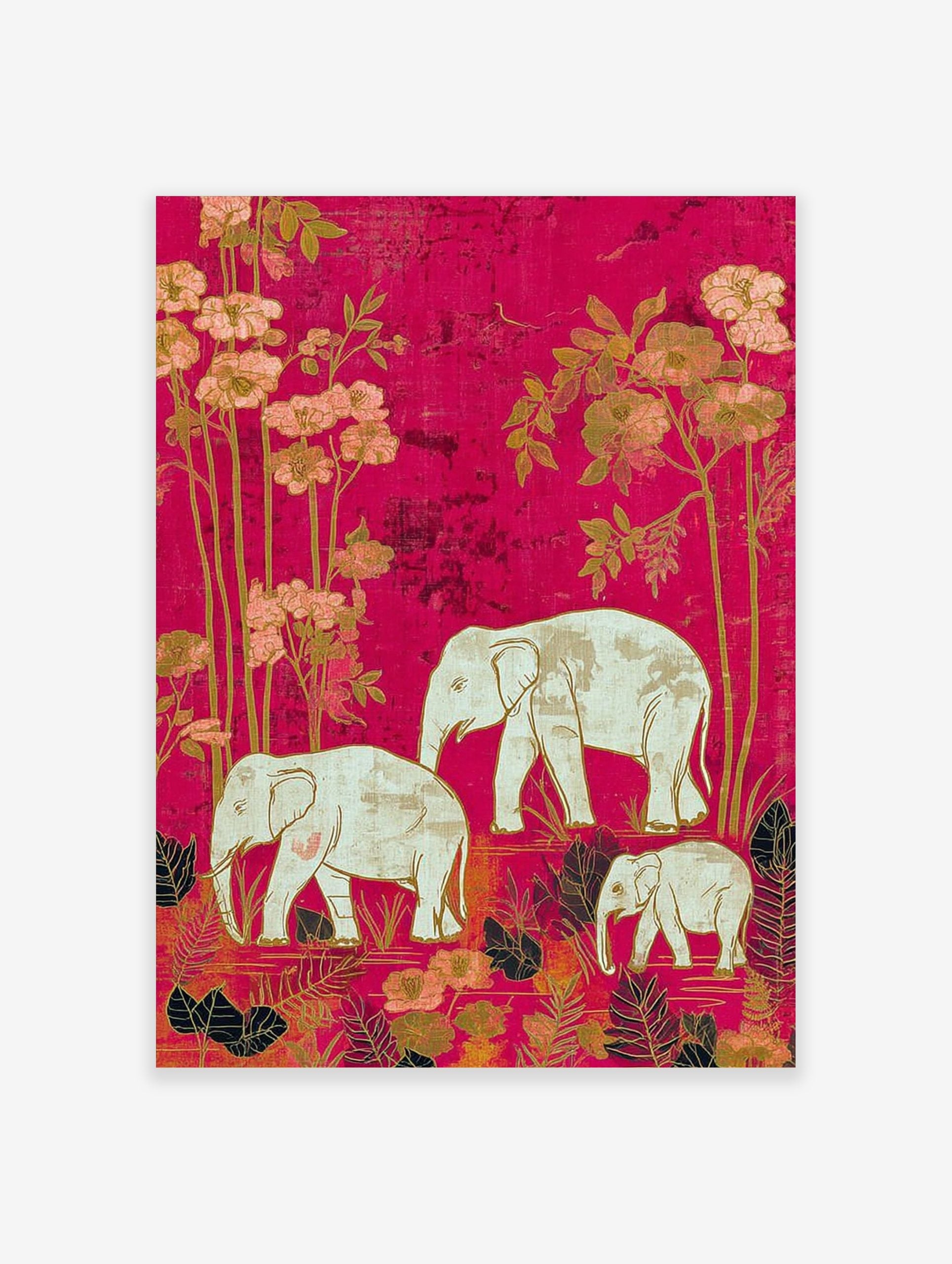 Illustrative print of a white elephant family and botanical plants on a vibrant hot pink background