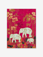 Illustrative print of a white elephant family and botanical plants on a vibrant hot pink background