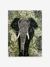 Linocut style elephant wall art print with tropical leaves in green, white, and black tones