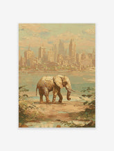 Impressionist elephant wall art showing a large elephant walking on a shore with a distant city skyline.