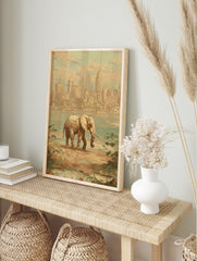 Impressionist elephant wall art showing a large elephant walking on a shore with a distant city skyline. - Image 3
