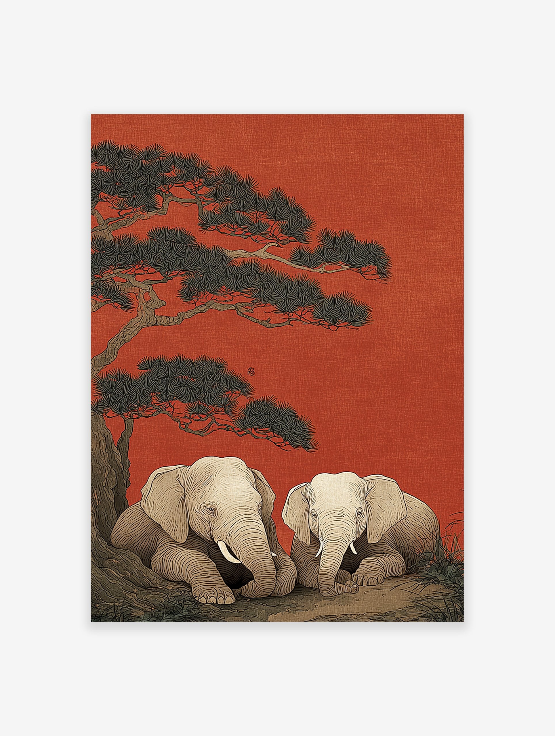 Japanese style elephant wall art print with two elephants under a pine tree on a textured red background.