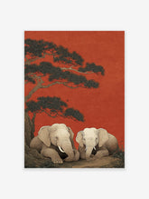 Japanese style elephant wall art print with two elephants under a pine tree on a textured red background.