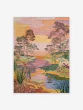 Embroidered landscape wall art print showing a tranquil river scene with trees, foliage, and water lilies at sunset.