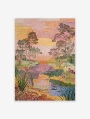 Embroidered landscape wall art print showing a tranquil river scene with trees, foliage, and water lilies at sunset.