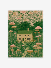 Illustrative print of a cottage in a mushroom forest with green trees and pink floral top border