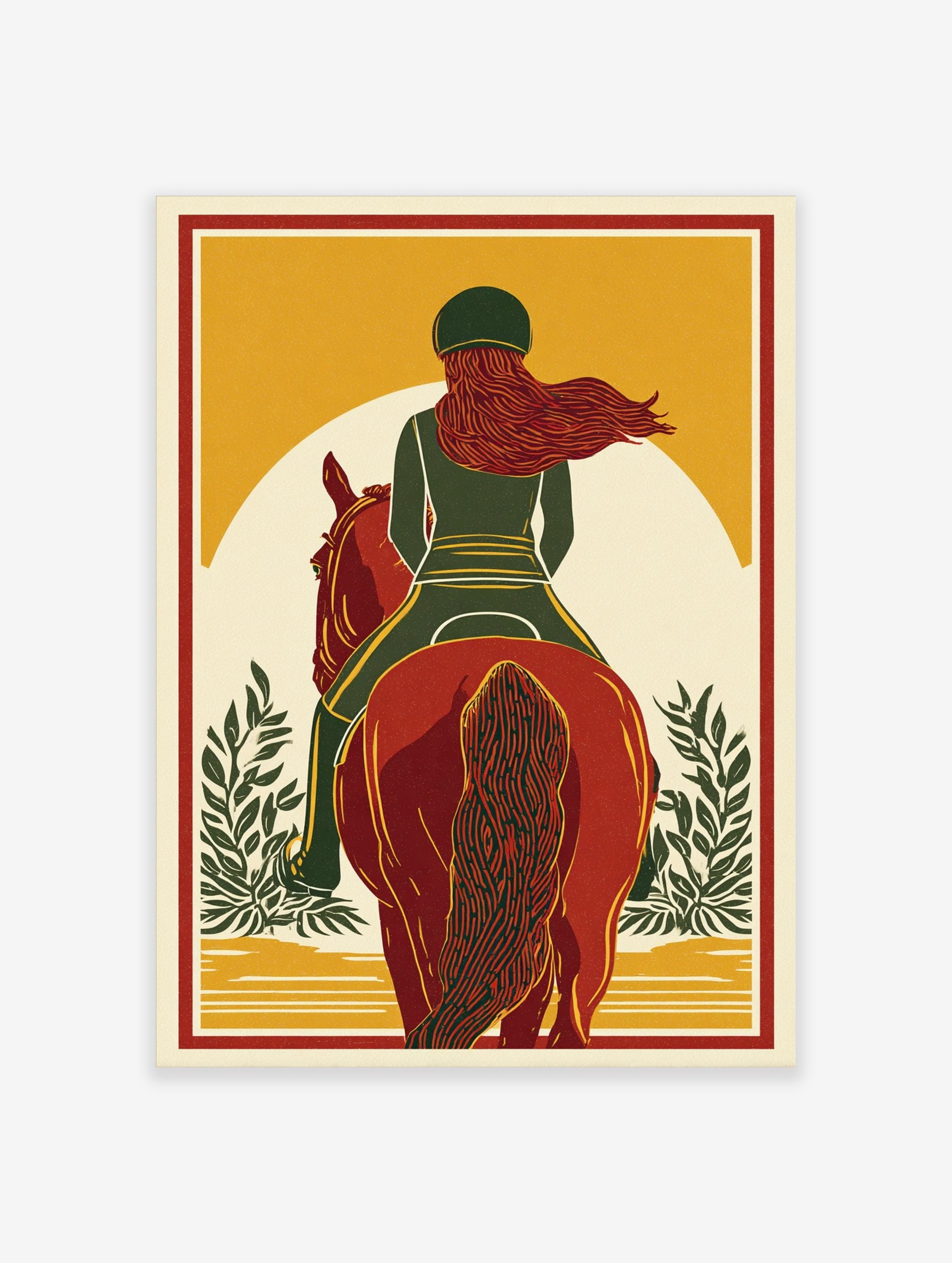 Equestrian horse rider on red horse, green outfit, flowing red hair, yellow background, illustrative style