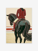 Equestrian poster of a dressage rider in a red jacket on a black horse, white line art on beige background