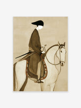 Illustrative print of a stylised figure in dark robe and black hat riding a white horse with patterned saddle on beige
