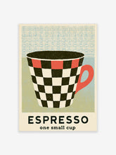 Espresso checkerboard mug poster with red handle and bold typography on blue and green background