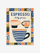 Espresso daily pause poster with three patterned coffee cups and colourful tile border