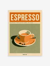 Retro espresso coffee poster with orange typography, cup and saucer illustration, and coffee beans on green background