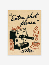 Retro espresso machine poster with smiling face, portafilter, coffee cup, steam, and script text on beige background