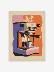 Illustrative print of a purple and orange espresso machine pouring coffee into a cup, with steam