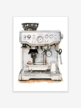 Surreal espresso machine poster with figure bathing in coffee under portafilter
