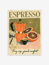 Espresso moka pot poster with orange coffee maker, sliced blood oranges, black cup, and bold typography