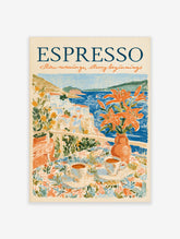 Espresso poster with two coffee cups, orange lilies, and a blue coastal Italian village backdrop
