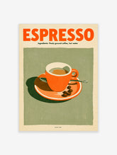 Espresso poster with orange cup, saucer, coffee beans, and bold orange typography on a green background
