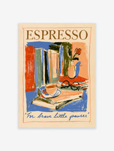 Espresso poster with coffee cup, books, glasses, red rose, and bold serif text on a blue and orange background