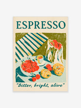 Espresso retro poster with coffee cup, tomatoes, pastries, striped awning and teal typography