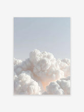 Ethereal white voluminous clouds against a pale blue sky with a soft warm glow, minimalist composition