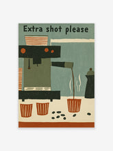 Retro coffee poster with 'Extra shot please' text, espresso machine pouring into striped cup, and coffee beans