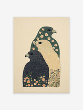 Falcon Bird Wall Art illustration of three stacked falcons with floral and dot patterns on a beige background
