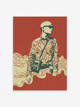 Stylized fashion illustration poster featuring a figure in sunglasses and patterned shirt on a red background.
