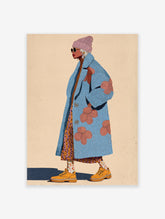 Fashion illustration of a stylish woman wearing a textured blue coat with pink flowers, a pink beanie, sunglasses, and orange boots.