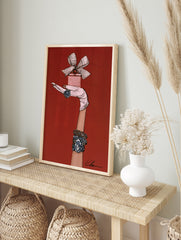 Fashion illustration of a gloved hand holding a pink perfume bottle with blue jewel ring and, in an alternate framed mockup