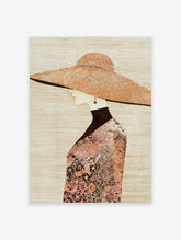 Fashion illustration of a woman in profile wearing a large, textured hat and floral patterned top in earth tones