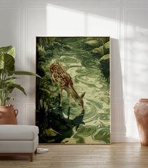 Fawn drinking poster, an illustration of a young deer at a green stream with ripples, surrounded by grass and rocks. - Image 3