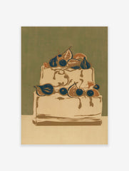 Illustrative wall art print of a two-tiered cake decorated with figs and blueberries against a muted green background