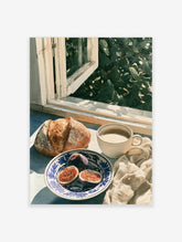 Still life illustration of bread, figs, and coffee on a windowsill with a blue bowl and green foliage