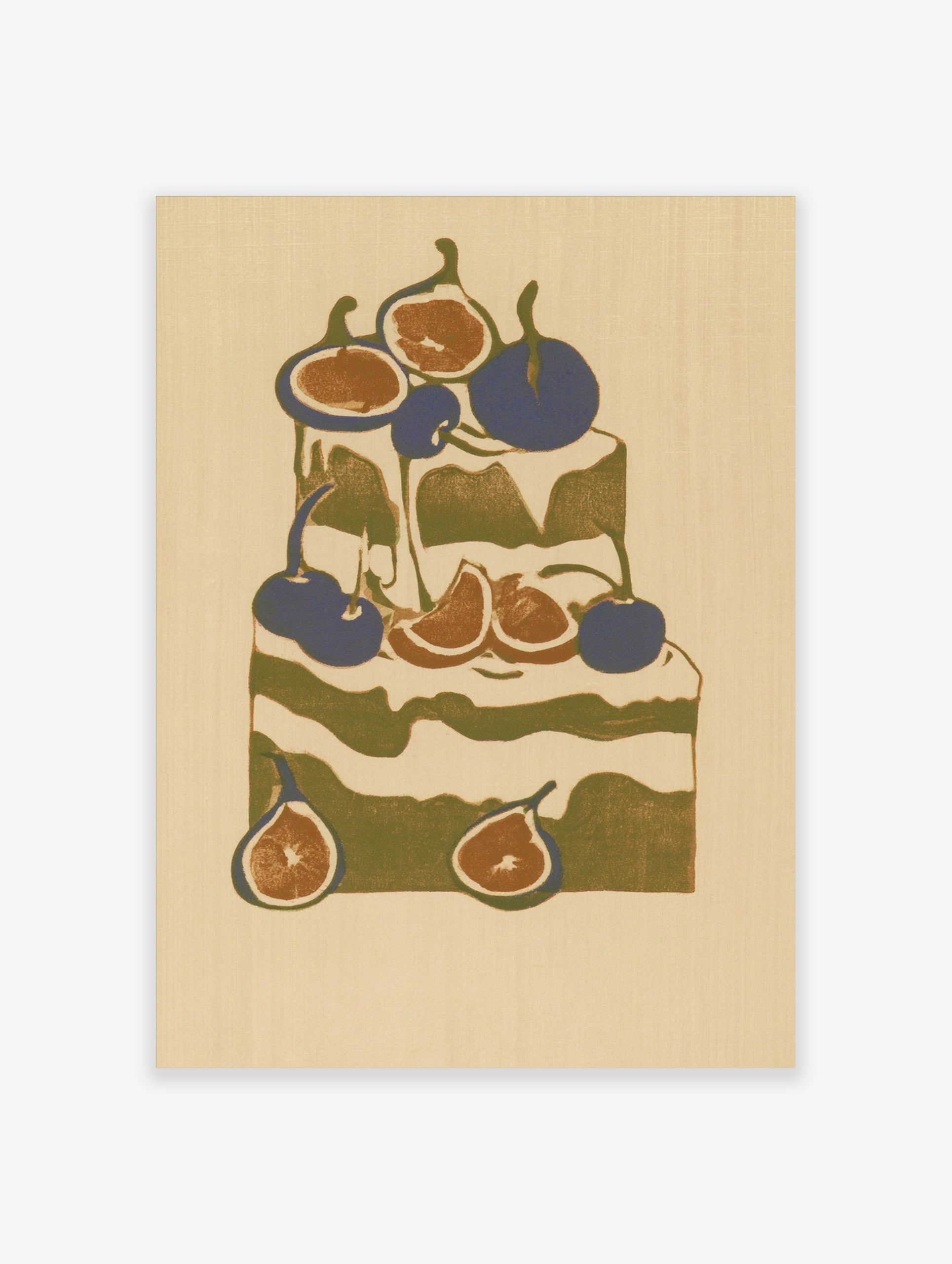 Stylized cake illustration with figs and cherries in olive green, deep blue, and cream, illustrative kitchen wall art print